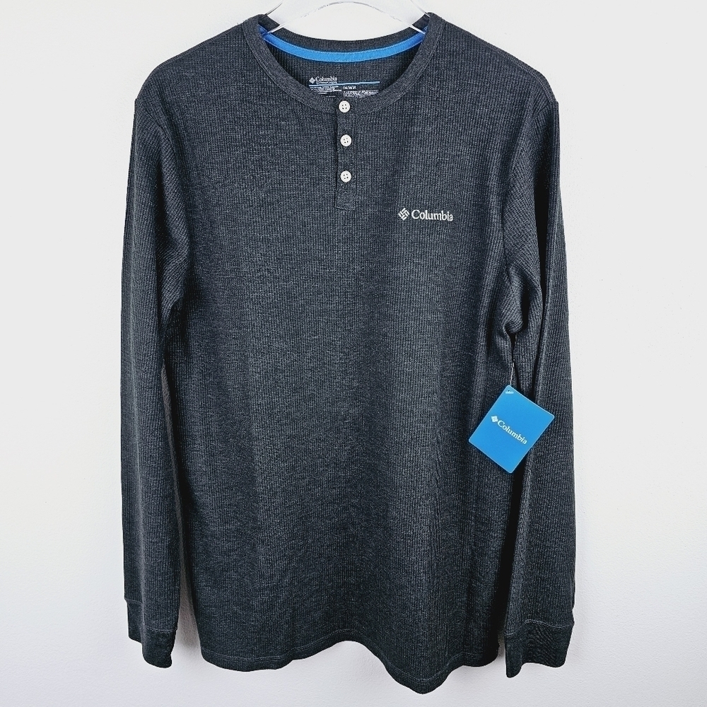 Columbia Dark Gray Henley Waffle Knit Thermal Long Sleeve Shirt NWT, size Medium